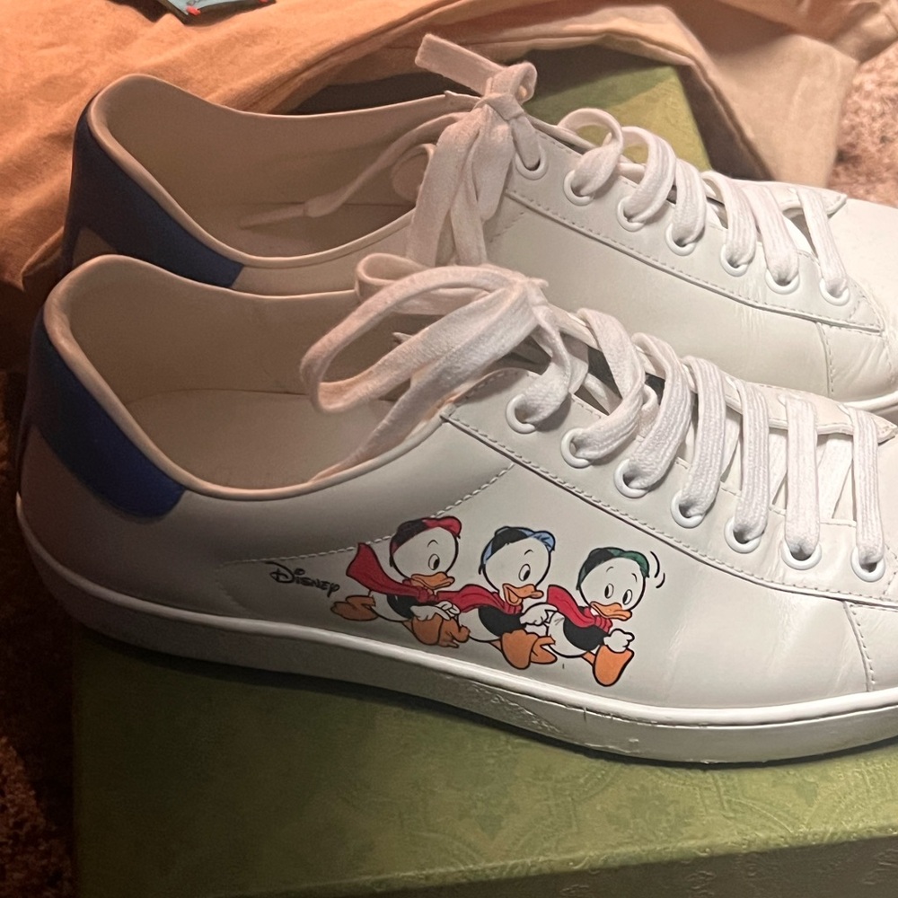 Gucci White and Blue Athletic Shoes with Cartoon Design